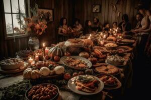 Long table filled with delicious Thanksgiving dishes. The setting a is cozy dining room, with fall foliage and pumpkins adding to the seasonal atmosphere. Generative AI photo