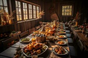 Long table filled with delicious Thanksgiving dishes. The setting a is cozy dining room, with fall foliage and pumpkins adding to the seasonal atmosphere. Generative AI photo