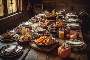 Long table filled with delicious Thanksgiving dishes. The setting a is cozy dining room, with fall foliage and pumpkins adding to the seasonal atmosphere. Generative AI photo