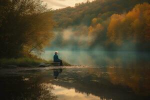 An inspiring image of a person sitting in quiet reflection, expressing gratitude for the blessings in their life. The scene set in a peaceful natural setting. Generative Ai photo