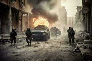 An intense image of a Special Forces team in an urban warfare scenario, with soldiers taking cover behind vehicles and buildings with smoke and debris filling the air. Generative AI photo