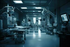 Operating room, with the robotic medical instruments in the foreground and the medical team in the background. Advanced medical equipment used in robotic medical. Generative AI. photo