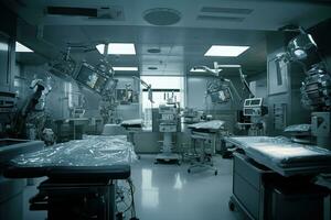 Operating room, with the robotic medical instruments in the foreground and the medical team in the background. Advanced medical equipment used in robotic medical. Generative AI. photo