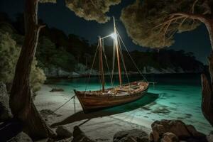 An old wooden sailboat being hauled up onto the shores of a secluded island beach. Rustic boat against a backdrop of turquoise coves, pine trees and clear night sky. Generative AI photo