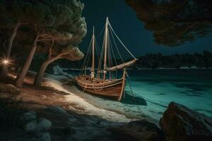 An old wooden sailboat being hauled up onto the shores of a secluded island beach. Rustic boat against a backdrop of turquoise coves, pine trees and clear night sky. Generative AI photo