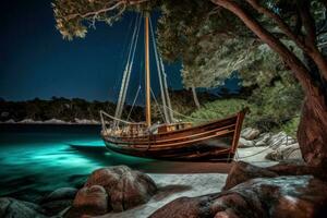 An old wooden sailboat being hauled up onto the shores of a secluded island beach. Rustic boat against a backdrop of turquoise coves, pine trees and clear night sky. Generative AI photo