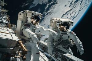 Astronauts in spacesuits conduct a spacewalk near their space station. Generative AI photo