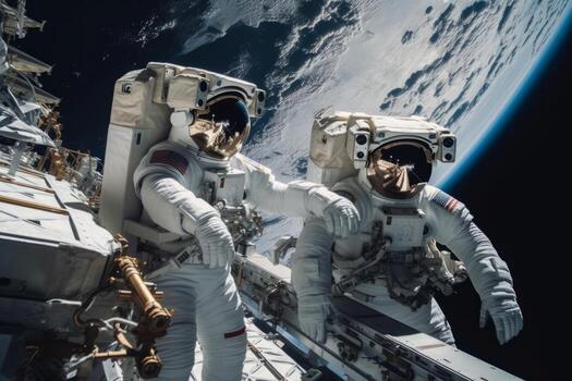 Astronauts in spacesuits conduct a spacewalk near their space station. Generative AI photo