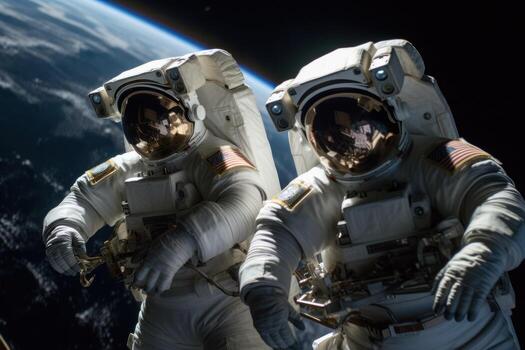 Astronauts in spacesuits conduct a spacewalk near their space station. Generative AI photo