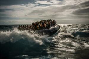 Young North Africans who flee into the sea with their boat during illegal immigration. Generative AI photo