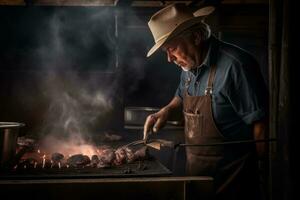 BBQ pitmaster tending to a smoker or grill. Use a mix of candid and posed shots to capture the passion and expertise of the pitmaster. Generative AI photo