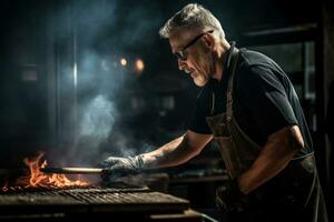 BBQ pitmaster tending to a smoker or grill. Use a mix of candid and posed shots to capture the passion and expertise of the pitmaster. Generative AI photo