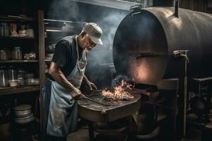 barbacoa maestro del Pit tendiendo a un fumador o parrilla. utilizar un mezcla de sincero y planteado disparos a capturar el pasión y pericia de el maestro del Pit. generativo ai foto