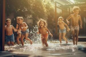 Boys and girls in a group jump in water puddle outside during summer vacation. Beautiful summer light and apropriate grading. Generative AI photo