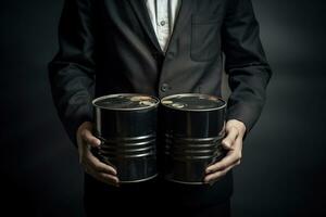 Businessman holding a group of dirty barrels of oil. Concept of raw material. Financial and Energetic world crisis concept. Recession of international markets . Generative AI. photo