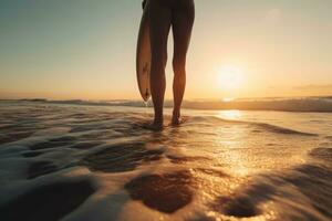 cerca arriba fondo pov ver joven hembra tablista niña piernas con tabla de surf estar a Oceano costa ola en contra calentar amanecer. concepto verano vacaciones. generativo ai. foto