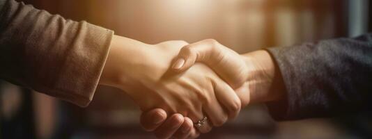 Close up of male and female hands, shaking hands after effective negotiation. Business banner concept. Generative AI photo