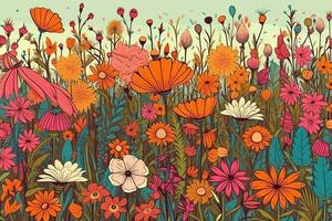 Abstract colorful colors Illustration of flower meadow . Concept nature wallpaper. Generative AI. photo