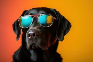 Cool funny black labrador with sunglasses. Generative Ai photo