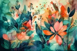 Colorful Watercolor painting background with flowers and plants. Generative Ai photo