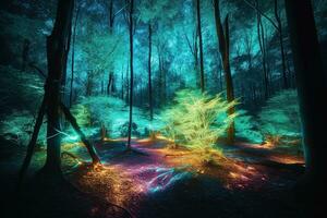 bosque iluminado por fluorescente luces. el ajuste es mágico y encantador, con el colores de el luces reflejando apagado el arboles y follaje. generativo ai foto