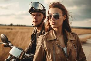 Couple in love near with a custom motorcycle. Handsome guy and beautiful young woman travel. Generative AI photo