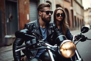 Couple in love near with a custom motorcycle. Handsome guy and beautiful young woman travel. Generative AI photo