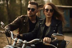 Couple in love near with a custom motorcycle. Handsome guy and beautiful young woman travel. Generative AI photo