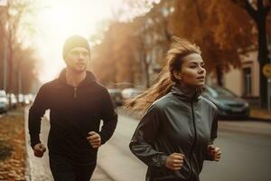 sano Pareja jugando Deportes juntos en el calle. Mañana correr. generativo ai foto