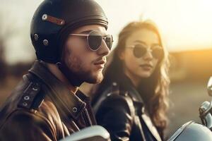 Couple in love near with a custom motorcycle. Handsome guy and beautiful young woman travel. Generative AI photo