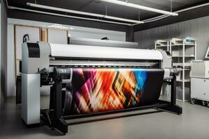 Large wide digital inkjet printing machine during production. Generative Ai. photo