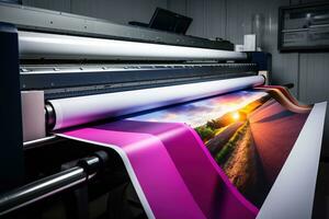 grande amplio digital chorro de tinta impresión máquina durante producción. generativo ai. foto