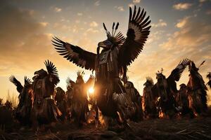 Native American Dancers performing a ceremonial eagle dance, arms outstretched and heads tilted back to portray the majestic bird taking flight on auburn sunset sky. Generative AI photo