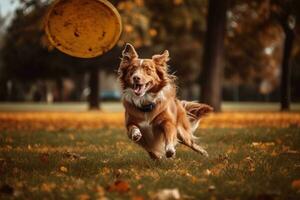 Depict a joyful dog chasing and catching a Frisbee thrown by its owner, with the dog's tongue hanging out and tail wagging in excitement. Generative AI photo