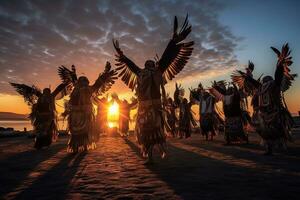 nativo americano bailarines ejecutando un ceremonial águila bailar, brazos extendido y cabezas inclinado espalda a retratar el majestuoso pájaro tomando vuelo en castaño puesta de sol cielo. generativo ai foto