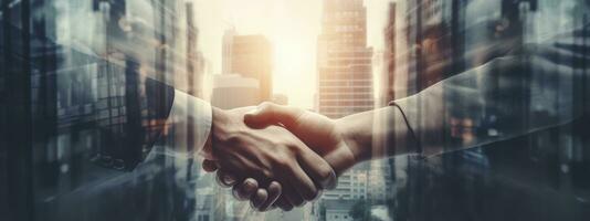 Double exposure of businesmans male hands shaking hands after effective negotiation showing mutual respect. Business banner concept. Generative AI photo