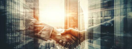 Double exposure of businesmans male hands shaking hands after effective negotiation showing mutual respect. Business banner concept. Generative AI photo