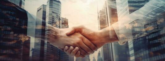 Double exposure of businesmans male hands shaking hands after effective negotiation showing mutual respect. Business banner concept. Generative AI photo