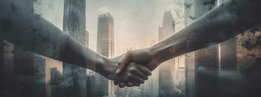 Double exposure of businesmans male hands shaking hands after effective negotiation showing mutual respect. Business banner concept. Generative AI photo