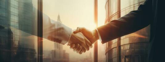 Double exposure of businesmans male hands shaking hands after effective negotiation showing mutual respect. Business banner concept. Generative AI photo