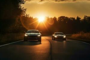 Driving a sport car with the sun directly behind them in a picturesque halo effect, backlighting their carefree joyride. Generative AI. photo