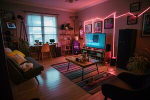 Gen Z living room featuring makeshift social media filming studio, neon LED rope lights, ambient geometric lamps and throw pillows, gaming PC. Generative AI photo