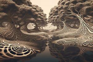 Fractal trees with branches that writhe and undulate like snakes, leaving behind them a geometric trail of rippling distortion. Concept Psychic Waves . Generative AI photo