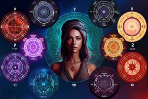 Futuristic virtual worlds inhabited by AI avatars custom designed with astrological traits, colors that match the astrological sun signs. Bringing the cosmos's influence into VR. Generative AI photo