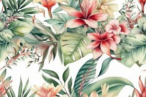 Illustration of watercolor tropical leaves and blush flowers on white background seamless border. Concept for decor and design. Tropical flower pattern. Generative AI photo