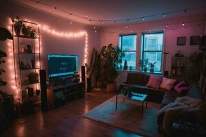 Gen Z living room featuring makeshift social media filming studio, neon LED rope lights, ambient geometric lamps and throw pillows, gaming PC. Generative AI photo