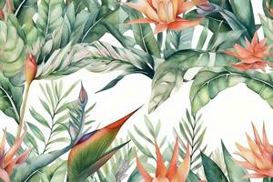 Illustration of watercolor tropical leaves and blush flowers on white background seamless border. Concept for decor and design. Tropical flower pattern. Generative AI photo