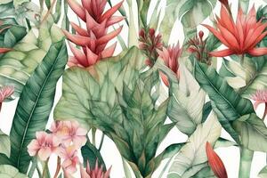 Illustration of watercolor tropical leaves and blush flowers on white background seamless border. Concept for decor and design. Tropical flower pattern. Generative AI photo