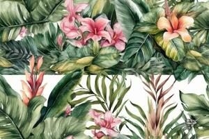 Illustration of watercolor tropical leaves and blush flowers on white background seamless border. Concept for decor and design. Tropical flower pattern. Generative AI photo