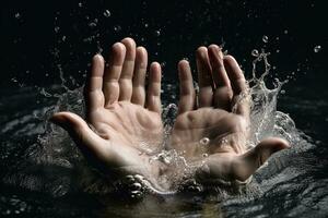 manos ahuecado juntos, pero en lugar de participación agua, ellos son atrapando y dando formainvisible ondas en el aire. generativo ai foto